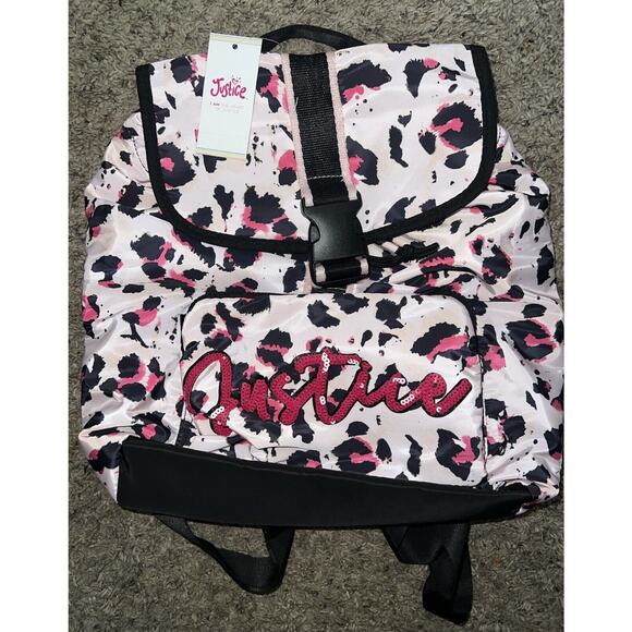 Justice Backpack Pink Cheetah‎ Print Mini Flap Closure Sequins Girls NEW - Picture 1 of 2